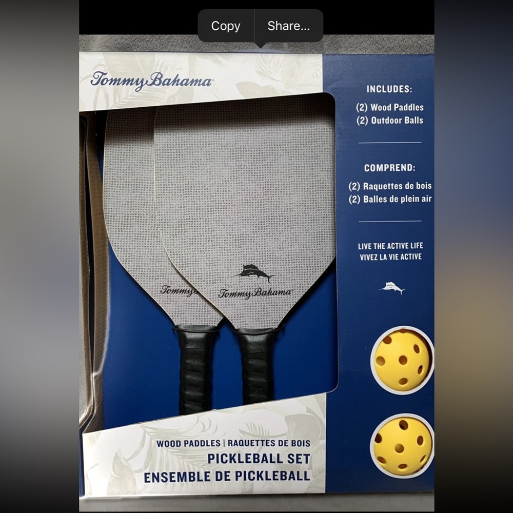 NEW Tommy Bahama Pickleball Set 2-Gray Wood Paddles 2-Yellow Game Balls